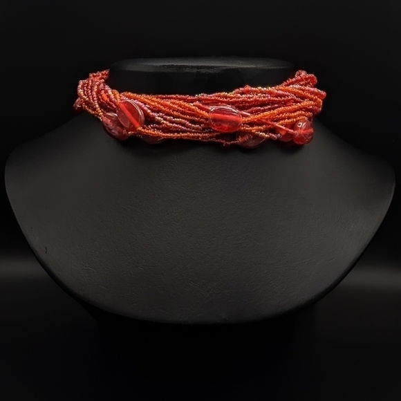 RED Glass Beaded Choker Torsade Necklace - Picture 2 of 6
